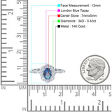 14K White Gold 1.19ct Vintage Art Deco Halo Oval 7mmx5mm G SI London Blue Topaz Diamond Engagement Wedding Ring Size 6.5