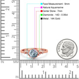 14K Rose Gold 1.34ct Round Art Deco Fashion 7mm G SI Natural Aquamarine Diamond Engagement Wedding Ring Size 6.5