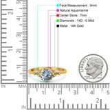 14K Yellow Gold 1.34ct Round Art Deco Fashion 7mm G SI Natural Aquamarine Diamond Engagement Wedding Ring Size 6.5