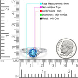 14K White Gold 1.34ct Round Art Deco Fashion 7mm G SI Natural Blue Topaz Diamond Engagement Wedding Ring Size 6.5