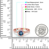 14K Rose Gold 0.67ct Round Halo 6.5mm G SI London Blue Topaz Diamond Engagement Wedding Ring Size 6.5