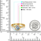 14K Yellow Gold 0.67ct Round Halo 6.5mm G SI Natural Aquamarine Diamond Engagement Wedding Ring Size 6.5