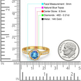 14K Yellow Gold 0.67ct Round Halo 6.5mm G SI Natural Blue Topaz Diamond Engagement Wedding Ring Size 6.5