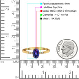 14K Yellow Gold 1.28ct Oval 8mmx6mm G SI Nano Blue Sapphire Diamond Engagement Wedding Ring Size 6.5