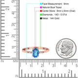 14K Rose Gold 1.28ct Oval 8mmx6mm G SI Natural Blue Topaz Diamond Engagement Wedding Ring Size 6.5