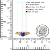 14K Yellow Gold 0.96ct Round Art Deco 6mm G SI Nano Blue Sapphire Diamond Engagement Wedding Ring Size 6.5