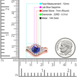 14K Rose Gold 1.59ct Round Two Piece Halo 7mm G SI Nano Blue Sapphire Diamond Engagement Wedding Ring Size 6.5