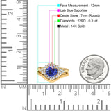 14K Yellow Gold 1.59ct Round Two Piece Halo 7mm G SI Nano Blue Sapphire Diamond Engagement Wedding Ring Size 6.5