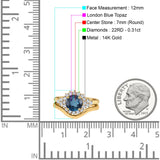 14K Yellow Gold 1.59ct Round Two Piece Halo 7mm G SI London Blue Topaz Diamond Engagement Wedding Ring Size 6.5