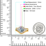 14K Yellow Gold 1.59ct Round Two Piece Halo 7mm G SI Natural Aquamarine Diamond Engagement Wedding Ring Size 6.5