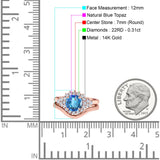 14K Rose Gold 1.59ct Round Two Piece Halo 7mm G SI Natural Blue Topaz Diamond Engagement Wedding Ring Size 6.5