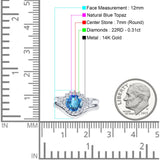 14K White Gold 1.59ct Round Two Piece Halo 7mm G SI Natural Blue Topaz Diamond Engagement Wedding Ring Size 6.5