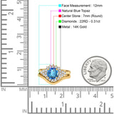 14K Yellow Gold 1.59ct Round Two Piece Halo 7mm G SI Natural Blue Topaz Diamond Engagement Wedding Ring Size 6.5