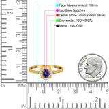 14K Yellow Gold 0.5ct Oval Vintage Floral 6mmx4mm G SI Nano Blue Sapphire Diamond Engagement Wedding Ring Size 6.5