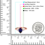 14K Rose Gold 1.33ct Teardrop Pear 8mmx6mm G SI Nano Blue Sapphire Diamond Engagement Wedding Ring Size 6.5