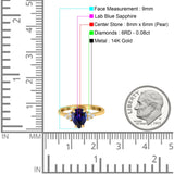 14K Yellow Gold 1.33ct Teardrop Pear 8mmx6mm G SI Nano Blue Sapphire Diamond Engagement Wedding Ring Size 6.5