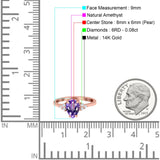 14K Rose Gold 1.33ct Teardrop Pear 8mmx6mm G SI Natural Amethyst Diamond Engagement Wedding Ring Size 6.5