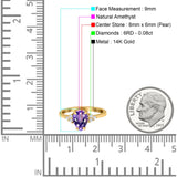 14K Yellow Gold 1.33ct Teardrop Pear 8mmx6mm G SI Natural Amethyst Diamond Engagement Wedding Ring Size 6.5