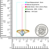 14K Yellow Gold 1.33ct Teardrop Pear 8mmx6mm G SI Natural Aquamarine Diamond Engagement Wedding Ring Size 6.5