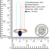 14K Rose Gold 1.54ct Teardrop Pear Accent 8mmx6mm G SI Nano Blue Sapphire Diamond Engagement Wedding Ring Size 6.5