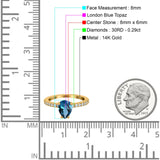 14K Yellow Gold 1.54ct Teardrop Pear Accent 8mmx6mm G SI London Blue Topaz Diamond Engagement Wedding Ring Size 6.5