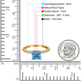 14K Yellow Gold 1.55ct Cushion Cut Vintage 7mm G SI Natural Blue Topaz Diamond Engagement Wedding Ring Size 6.5