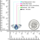 14K White Gold 1.27ct Oval 8mmx6mm Butterfly Accent G SI London Blue Topaz Diamond Engagement Wedding Ring Size 6.5