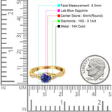 14K Yellow Gold 0.98ct Round Art Deco 6mm G SI Nano Blue Sapphire Diamond Engagement Wedding Ring Size 6.5