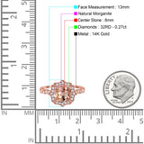 14K Rose Gold 2.31ct Cushion 8mm Halo G SI Natural Morganite Diamond Engagement Wedding Ring Size 6.5