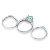 Halo Wedding Trio Set Piece Ring Simulated Paraiba Tourmaline CZ 925 Sterling Silver