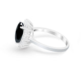 Floral Halo Oval Wedding Ring Simulated Black CZ 925 Sterling Silver