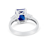 Three Stone Wedding Ring Emerald Cut Simulated Blue Sapphire CZ 925 Sterling Silver