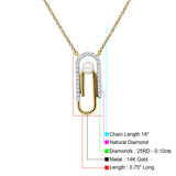 14K Yellow Gold 0.10ct Pearl Charm Paperclip Natural Diamond Pendant Necklace 18" Long