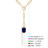 14K Yellow Gold 0.91ct Emerald Cut Paperclip Chain Necklace Blue Sapphire 16" Long