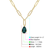 14K Yellow Gold 1.10ct Blue Sapphire Pear Pendant Paperclip Chain Necklace 16 Inch Long
