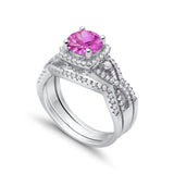 Halo Engagement Ring Three Piece Pink CZ 925 Sterling Silver Wholesale
