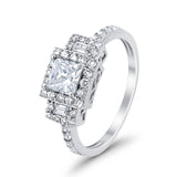 Halo Wedding Ring Baguette Simulated Cubic Zirconia 925 Sterling Silver