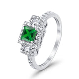 Halo Wedding Ring Baguette Simulated Green Emerald CZ 925 Sterling Silver