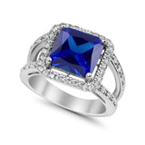 Halo Split Shank Engagement Ring Simulated Blue Sapphire CZ 925 Sterling Silver