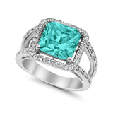 Halo Split Shank Engagement Ring Simulated Paraiba Tourmaline CZ 925 Sterling Silver