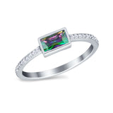 Accent Ring Emerald Cut Round Simulated Rainbow CZ 925 Sterling Silver