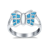 Lab Created Blue Opal Split Shank Butterfly Ring Round 925 Sterling Silver