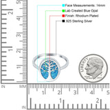 Oval Tree of Life Ring Lab Created Blue Opal Rhodium Plated 925 Sterling Silver