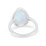 Halo Teardrop Wedding Ring Pear Round Lab Created White Opal 925 Sterling Silver