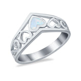 Created White Opal Heart Filigree Chevron Midi Thumb V Ring 925 Sterling Silver
