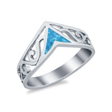 Lab Created Blue Opal Filigree Chevron Thumb V Ring Round 925 Sterling Silver