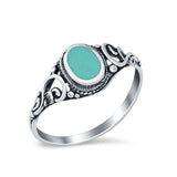 Filigree Oval Simulated Turquoise CZ Ring Oxidized Round 925 Sterling Silver