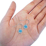 Halo Dangle Fish-Hook Earrings Round Lab Created Blue Opal 925 Sterling Silver (21mm)