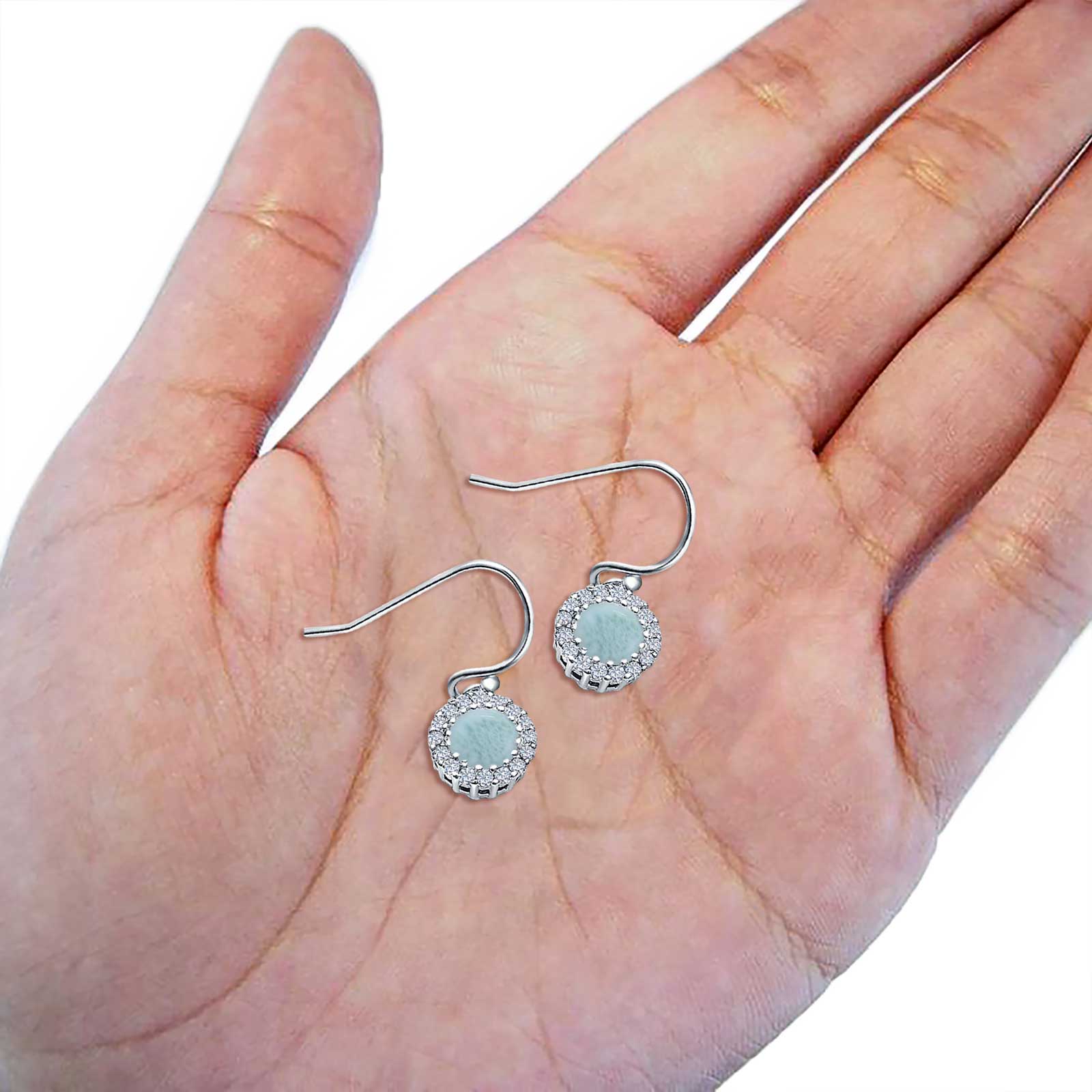 Halo Dangle Fish-Hook Earrings Round Natural Larimar 925 Sterling Silv
