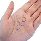 Halo Dangle Fish-Hook Earrings Round Rose Tone, Lab Created Pink Opal 925 Sterling Silver (21mm)